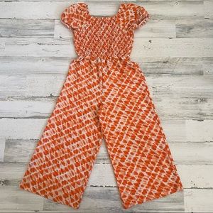 Speechless Jumpsuit Girls M (7-8) Orange White Smocked Puff Sleeve Wide Leg